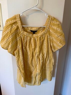 Banana Republic Mustard Yellow Embroidered Square Neck Puff Sleeve Top